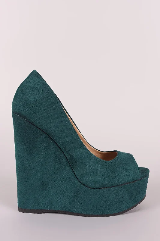 Trendy Peep Toe Platform Heels Crafted from Genuine Leather--Peep Toe Vegan Suede Platform Wedge