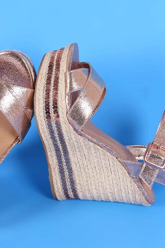 Stylish Platform Heels for Extra Height--Bamboo Cracked Metallic Sequin Accent Espadrille Platform Wedge