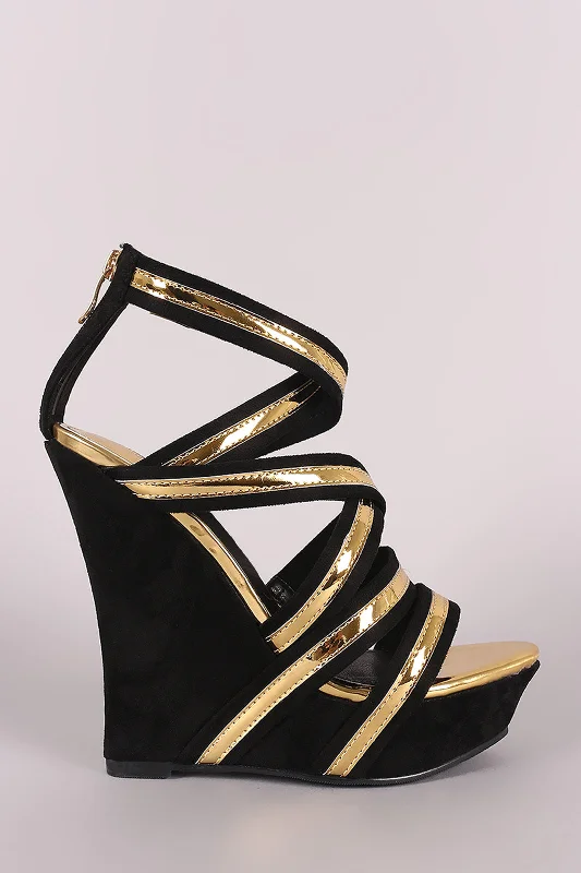 Affordable Suede Ankle Pumps for All-Day Wear--Metallic Two Tone Strappy Suede Platform Wedge