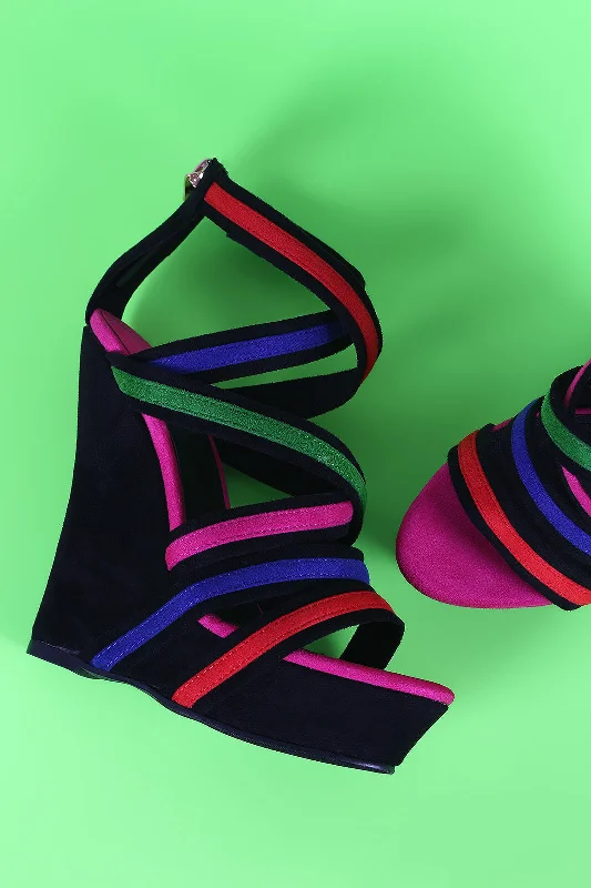 Affordable Suede Ankle Pumps for All-Day Wear--Colorblock Strappy Suede Platform Wedge