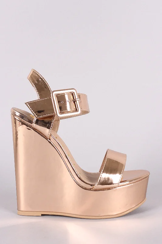 Sleek and Shiny Patent Pump Heels for a Polished Look--Mirror Metallic Patent Buckled Ankle Strap Platform Wedge