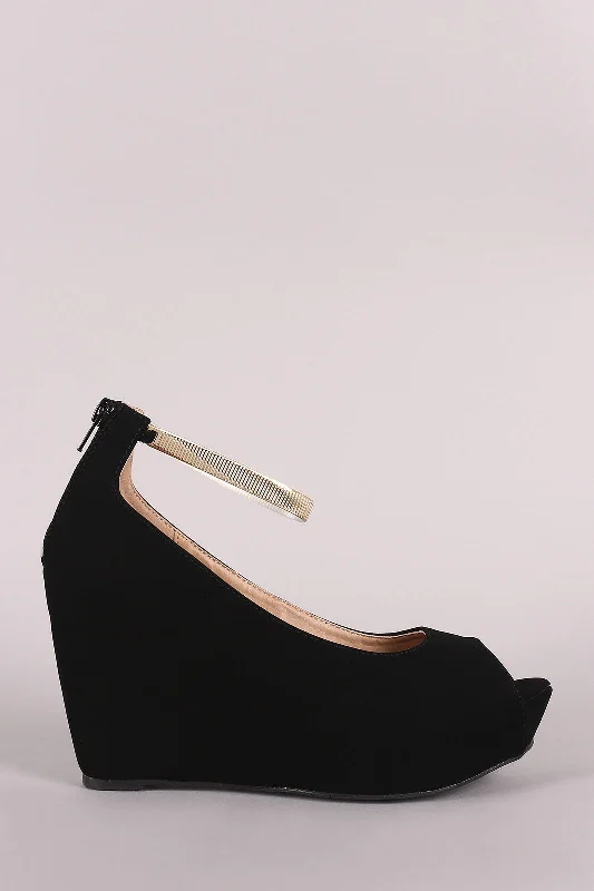 Stylish Ankle Strap Heels for Women--Nubuck Peep Toe Metallic Ankle Strap Platform Wedge