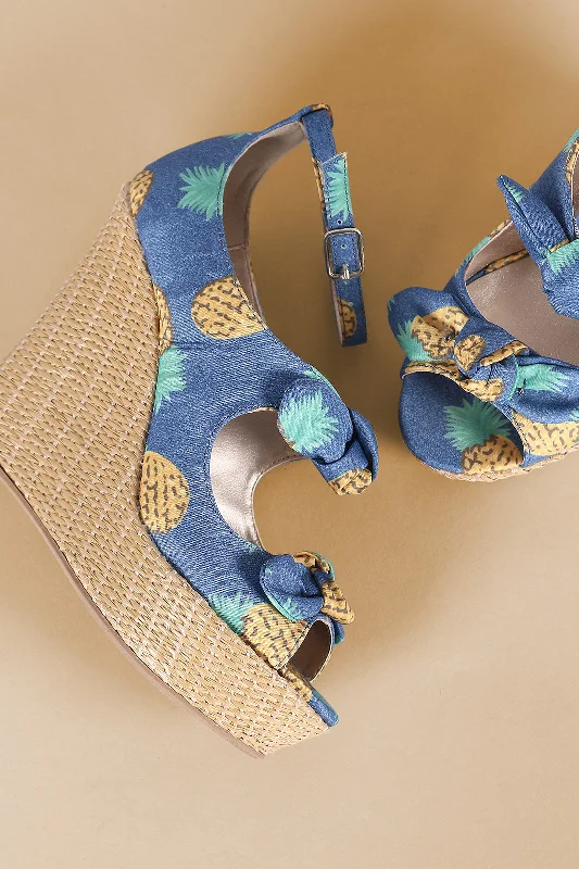 Stylish Ankle Strap Heels for Women--Qupid Pineapple Print Bow Ankle Strap Wedge