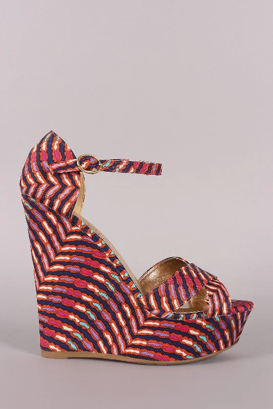 Stylish Platform Heels for Extra Height--Bamboo Abstract Print Crossband Platform Wedge