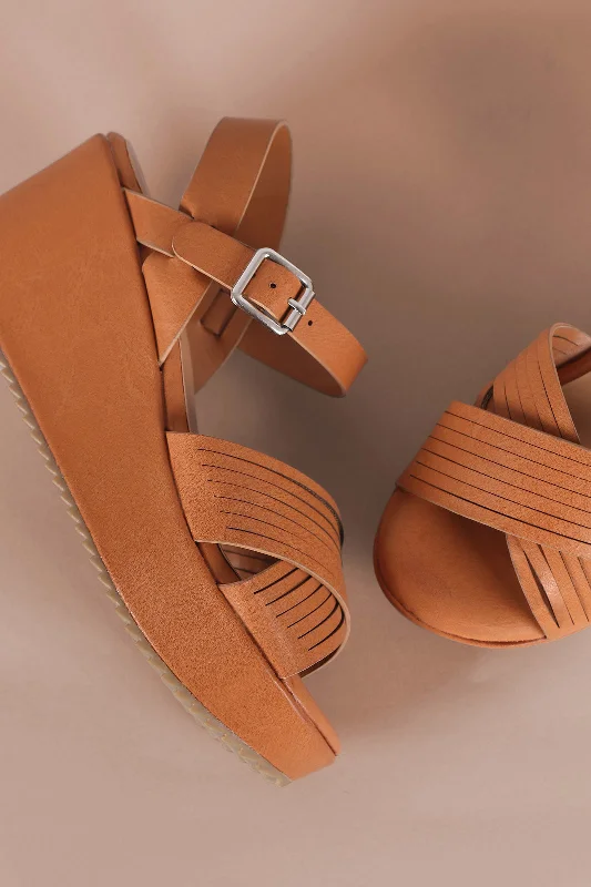 Stylish Platform Heels for Extra Height--Comfy Soles Slash Cross Band Slingback Platform Wedge