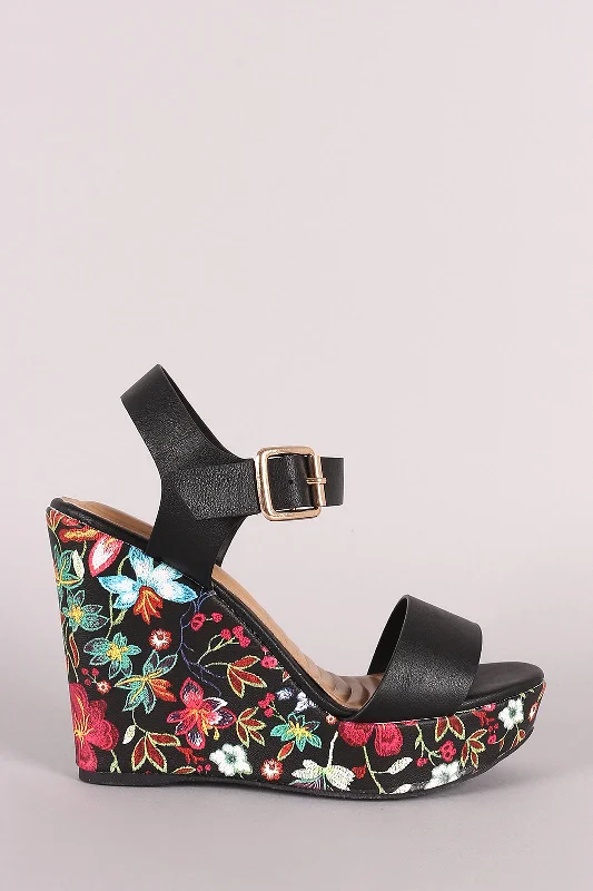 Stylish Open Toe Heels for Summer--Bamboo Vegan Leather Open Toe Floral Platform Wedge