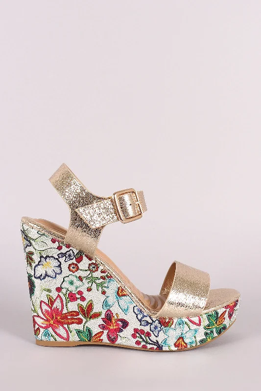 Stylish Open Toe Heels for Summer--Bamboo Cracked Metallic Open Toe Floral Platform Wedge