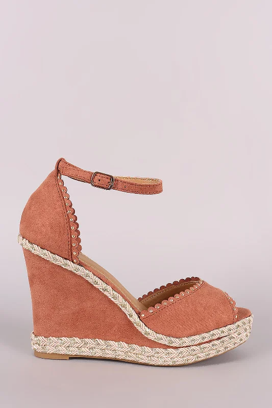 Stylish Ankle Strap Heels for Women--Bamboo Studded Scallop Ankle Strap Platform Wedge