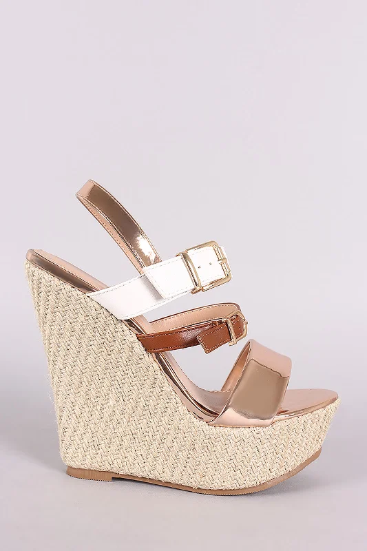 Tri-Tone Strappy Buckled Platform Wedge---Affordable Strappy Platform Heels with Premium Quality