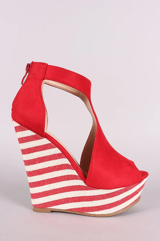 Affordable Suede Ankle Pumps for All-Day Wear--Suede T-Strap Striped Platform Wedge