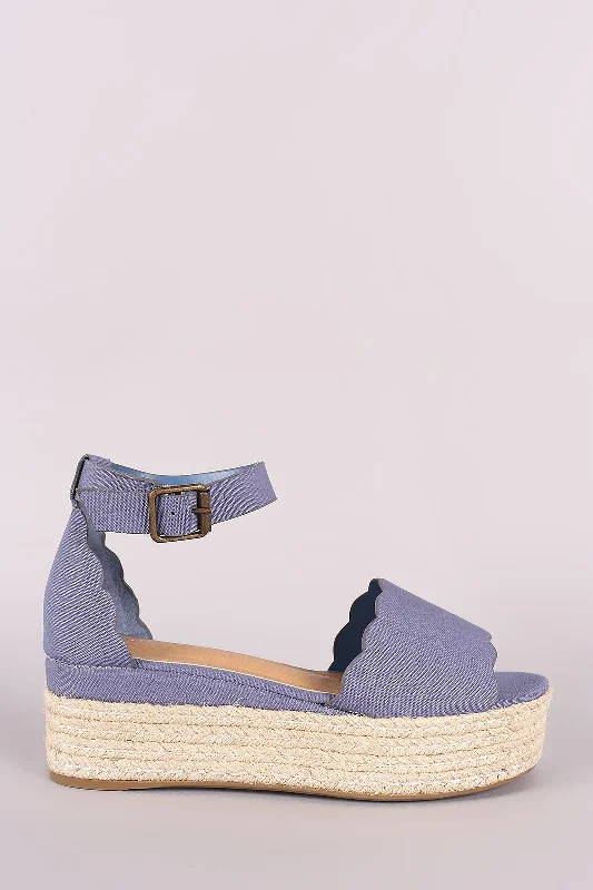 Stylish Open Toe Heels for Summer--Bamboo Denim Scallop Open Toe Flatform Espadrille Wedge