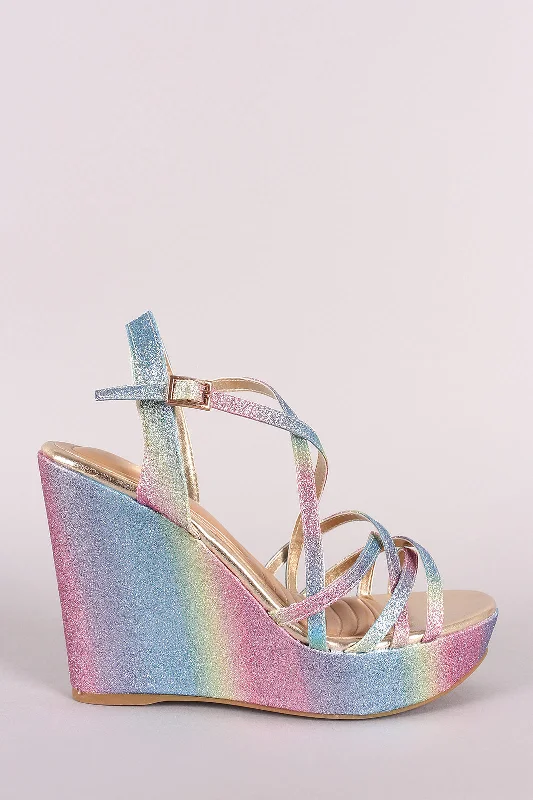 Bamboo Colorful Glitter Pastel Open Toe Crisscross Platform Wedge---Trendy Glitter Heels for a Glamorous Look