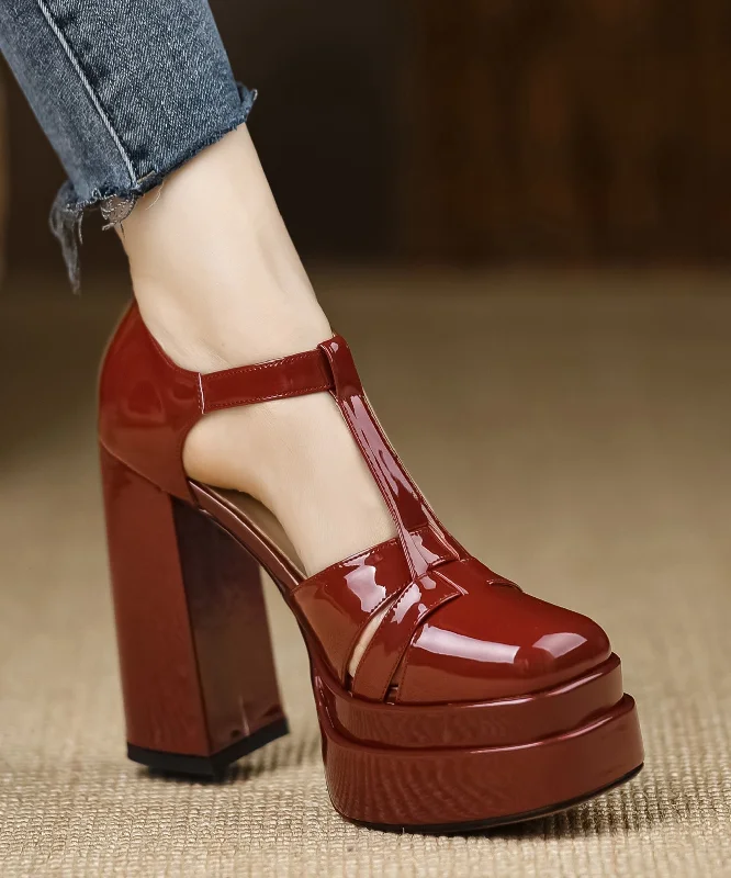 Sleek and Shiny Patent Pump Heels for a Polished Look--Unique Hollow Out Chunky High Heels Mulberry Patent Leather