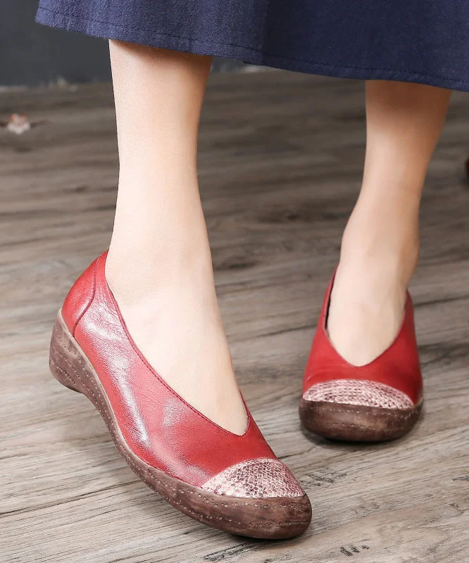 Unique Mulberry Cowhide Leather Fitted Splicing High Wedge Heels Shoes---Comfortable Leather Pumps for Office and Everyday Wear