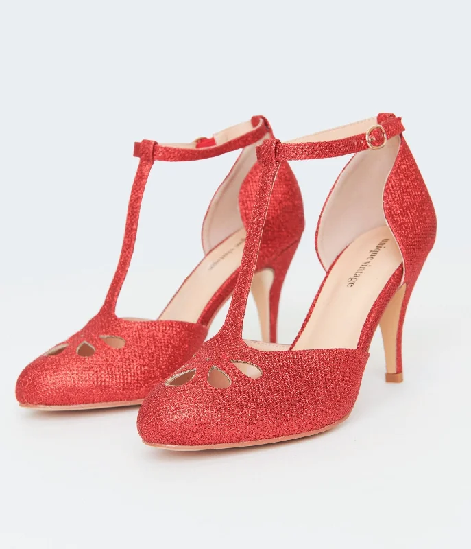 Versatile Heeled Sandals for Any Occasion---Unique Vintage 1920s Red Sparkle T-Strap Astaire Pumps