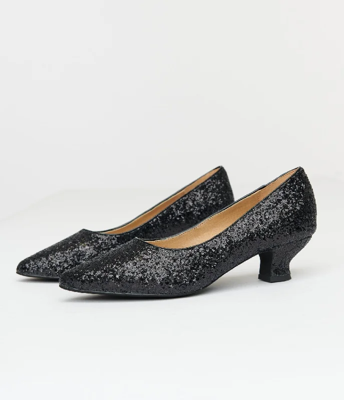 Unique Vintage 1950s Black Sparkle Pointed Kitten Heels---Fashionable Kitten Heels for Date Night