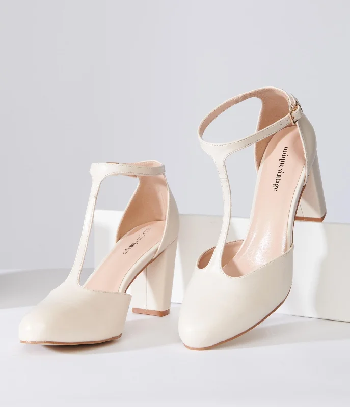 Unique Vintage 1920s Beige Leatherette T-Strap Astaire Pumps---Comfortable Leather Pumps for Office and Everyday Wear