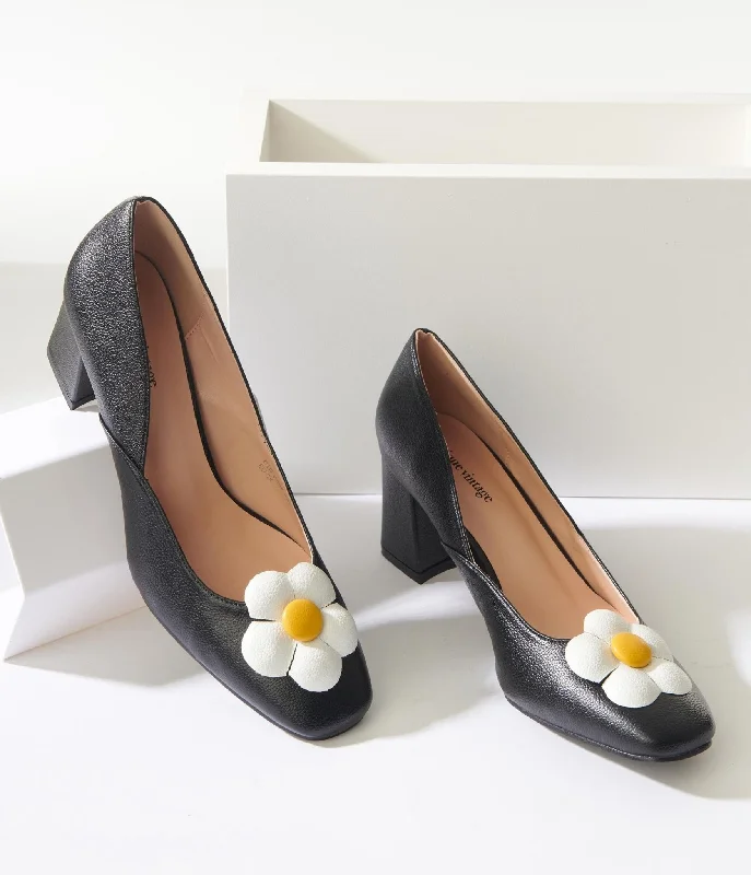 Versatile Heeled Sandals for Any Occasion---Unique Vintage Black Daisy Pumps