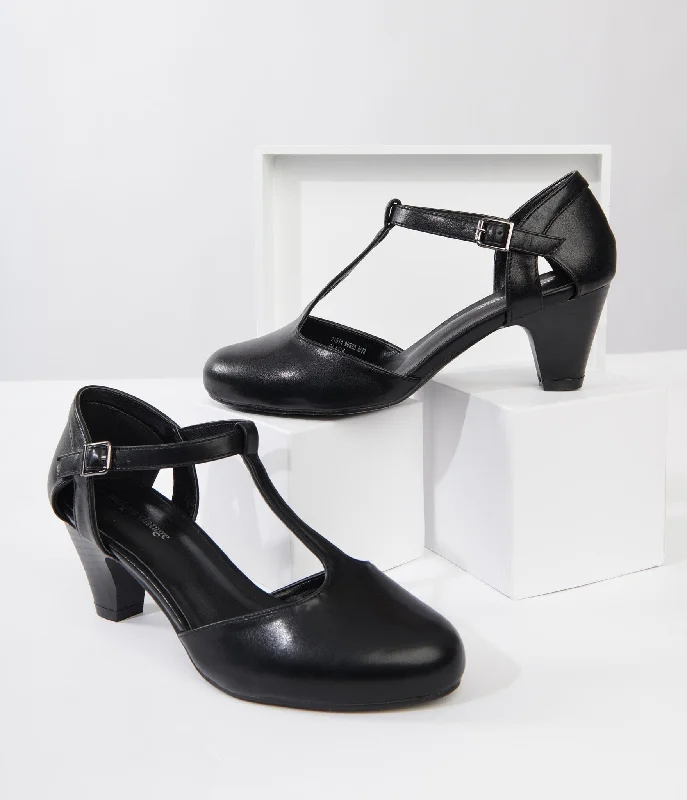 Unique Vintage 1920s Black Leatherette Closed Toe T-Strap Roxy Pumps---Comfortable Leather Pumps for Office and Everyday Wear