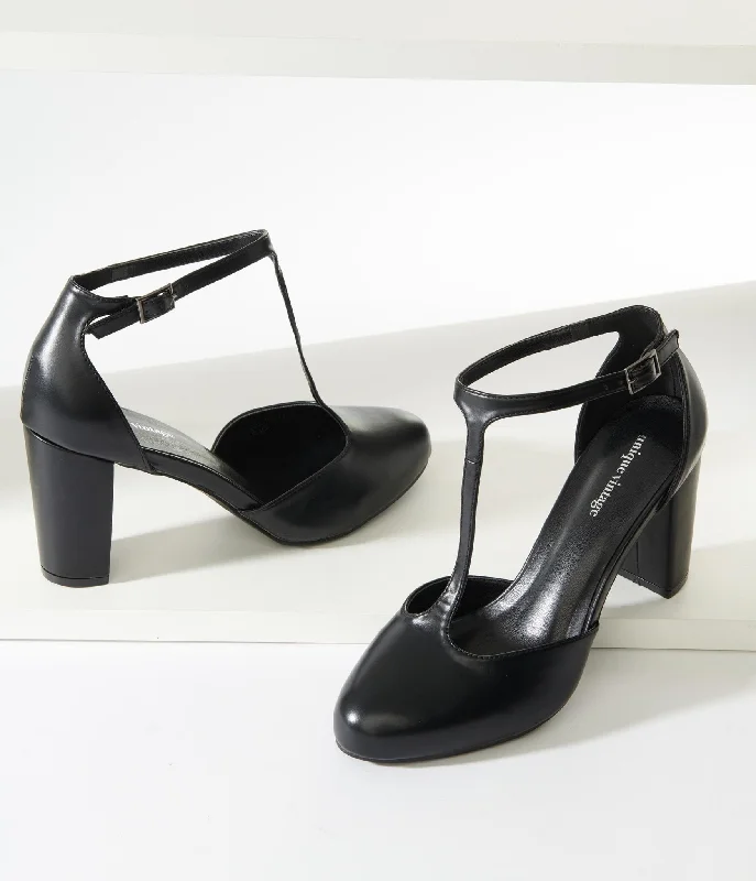 Unique Vintage Black Leatherette T-Strap Astaire Pumps---Comfortable Leather Pumps for Office and Everyday Wear