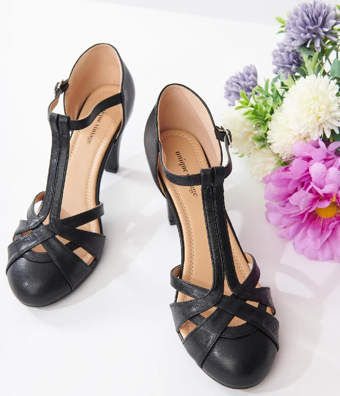 Unique Vintage 1920s Black Leatherette Woven T-Strap Heels---Comfortable Leather Pumps for Office and Everyday Wear