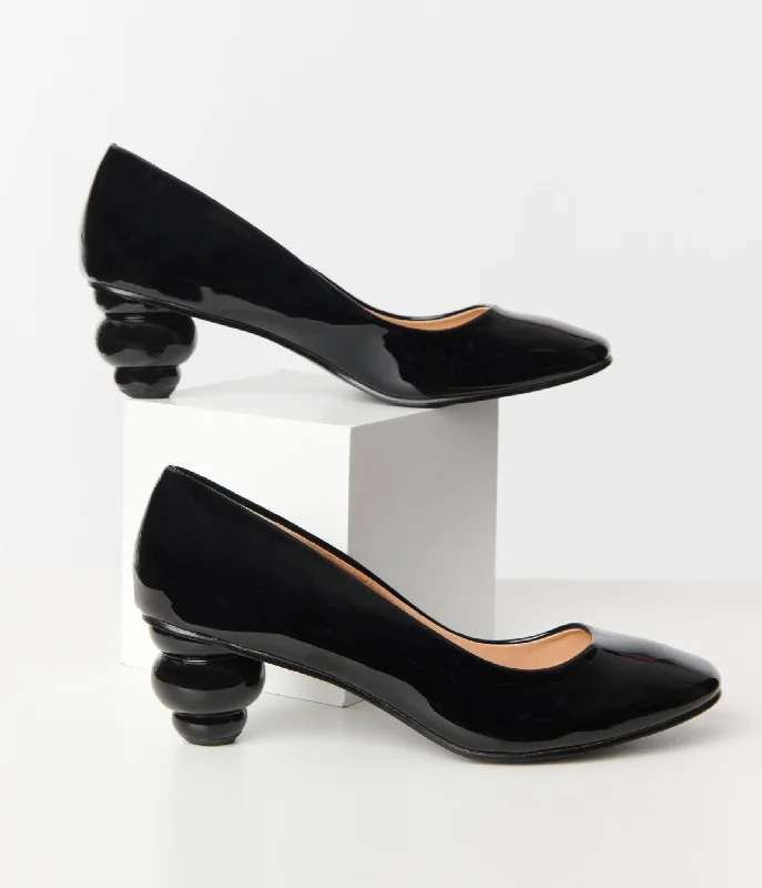 Sleek and Shiny Patent Pump Heels for a Polished Look--Unique Vintage Black Patent Leatherette Ball Heel Pumps