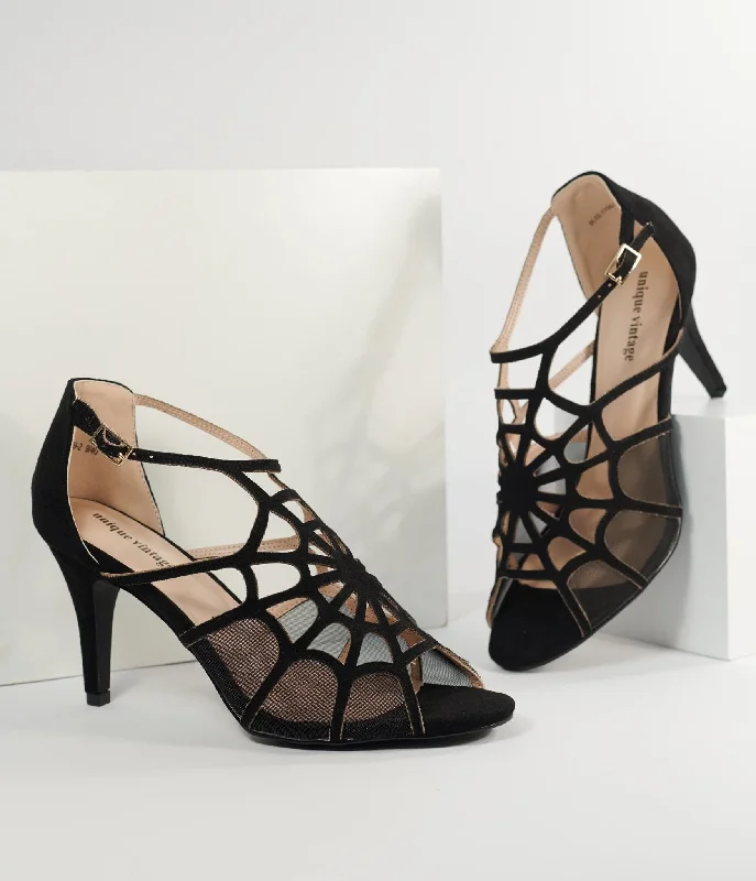 Versatile Heeled Sandals for Any Occasion---Unique Vintage 1940s  Black Spider Web Heels