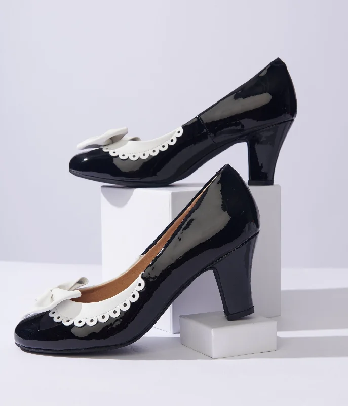 Sleek and Shiny Patent Pump Heels for a Polished Look--Unique Vintage Black & White Bow Patent Pumps