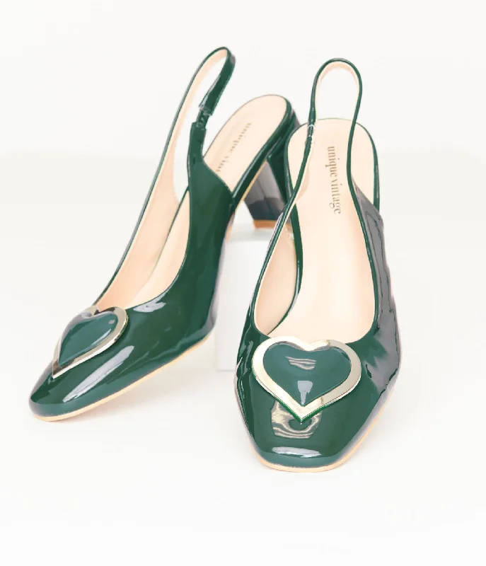 Unique Vintage Green Heart Leatherette Slingback Heels---Comfortable Leather Pumps for Office and Everyday Wear