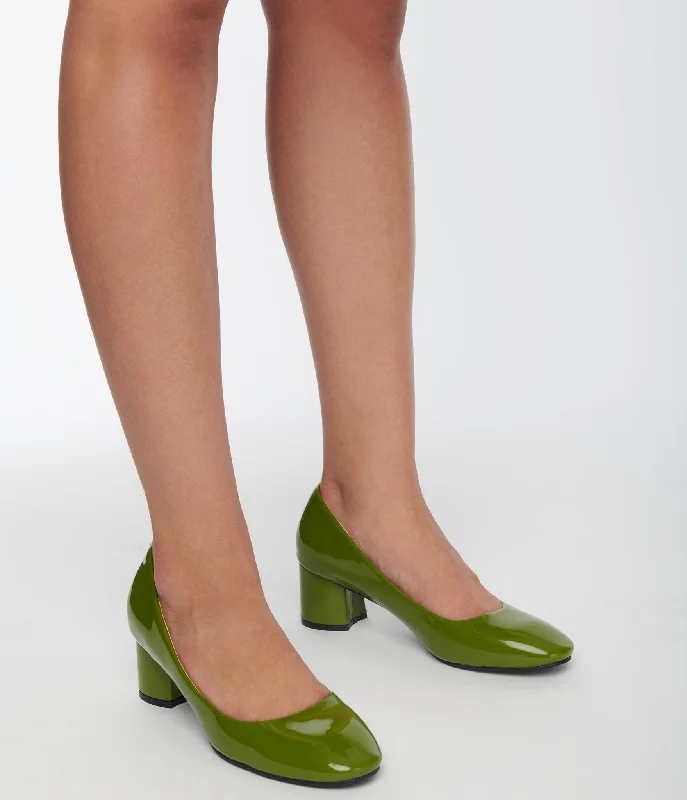 Sleek and Shiny Patent Pump Heels for a Polished Look--Unique Vintage Green Patent Block Heels