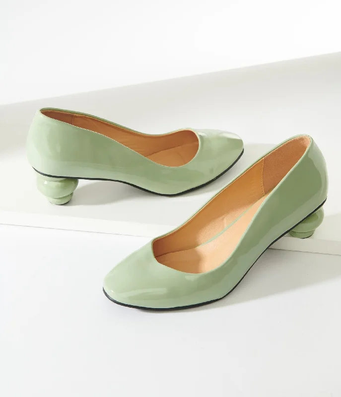 Sleek and Shiny Patent Pump Heels for a Polished Look--Unique Vintage Green Patent Leatherette Ball Heel Pumps