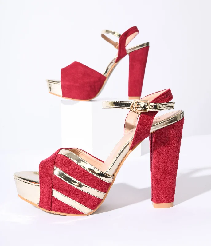 Affordable Suede Ankle Pumps for All-Day Wear--Unique Vintage Metallic Gold & Red Suede Platform Heels