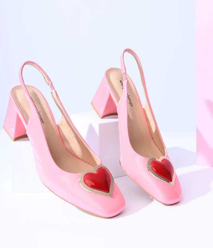 Unique Vintage Pink Heart Leatherette Slingback Heels---Comfortable Leather Pumps for Office and Everyday Wear