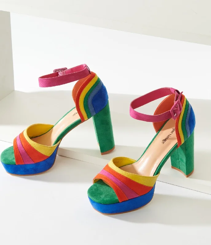 Trendy Peep Toe Platform Heels Crafted from Genuine Leather--Unique Vintage Rainbow Suede Peep Toe Pumps