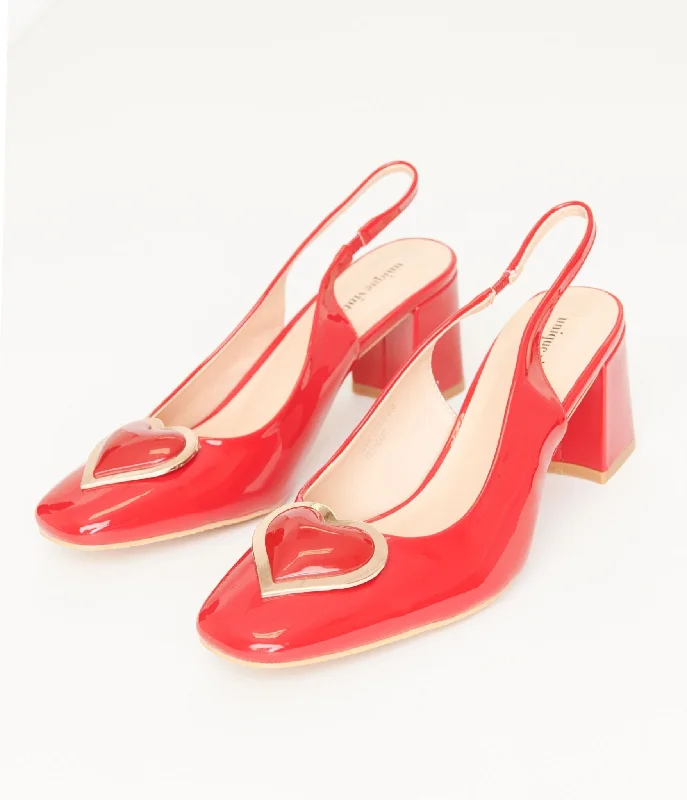 Unique Vintage Red Heart Leatherette Slingback Heels---Comfortable Leather Pumps for Office and Everyday Wear