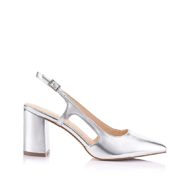 Trendy Chunky Heel Pumps for Casual Wear--Enrique Sling Back Block Heels - Silver Smooth