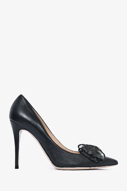 Valentino Black Leather Lace Bow Pointed Heels Size 39.5---Charming Bow Pumps for a Cute and Stylish Look