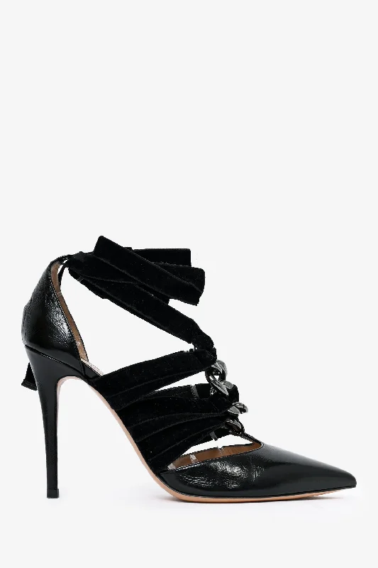 Valentino Black Leather/Velvet Ribbon Chain Heels Size 39---Comfortable Leather Pumps for Office and Everyday Wear