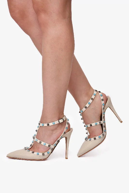 Valentino Cream Leather Blue Cage Rockstud Heels Size 39---Comfortable Leather Pumps for Office and Everyday Wear