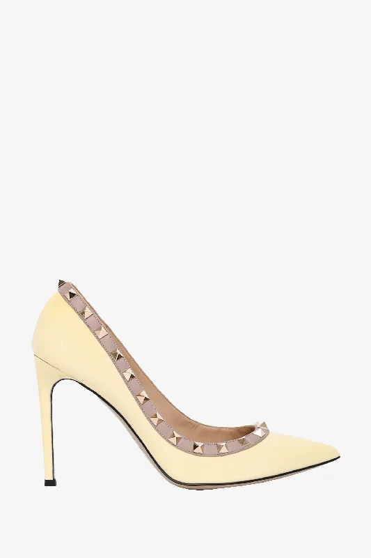 Stiletto Heel Pumps with Perfect Fit--Valentino Cream Patent/Blush Rockstud Pointed Toe Heels Size 38.5-Fashionable & Classic