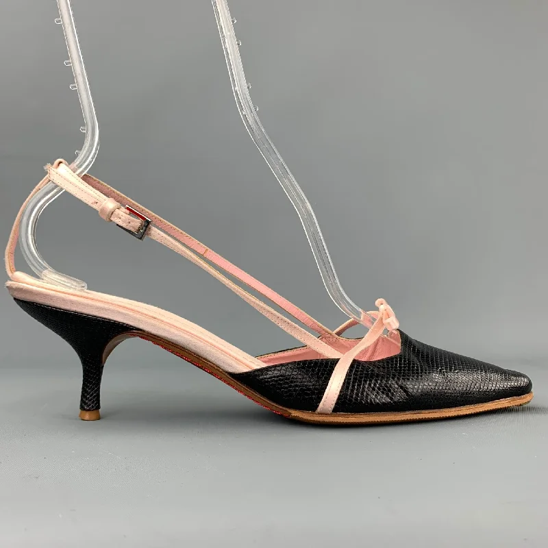 VALENTINO GARAVANI Size 9 Black & Pink Leather Kitten Heel Pumps---Fashionable Kitten Heels for Date Night