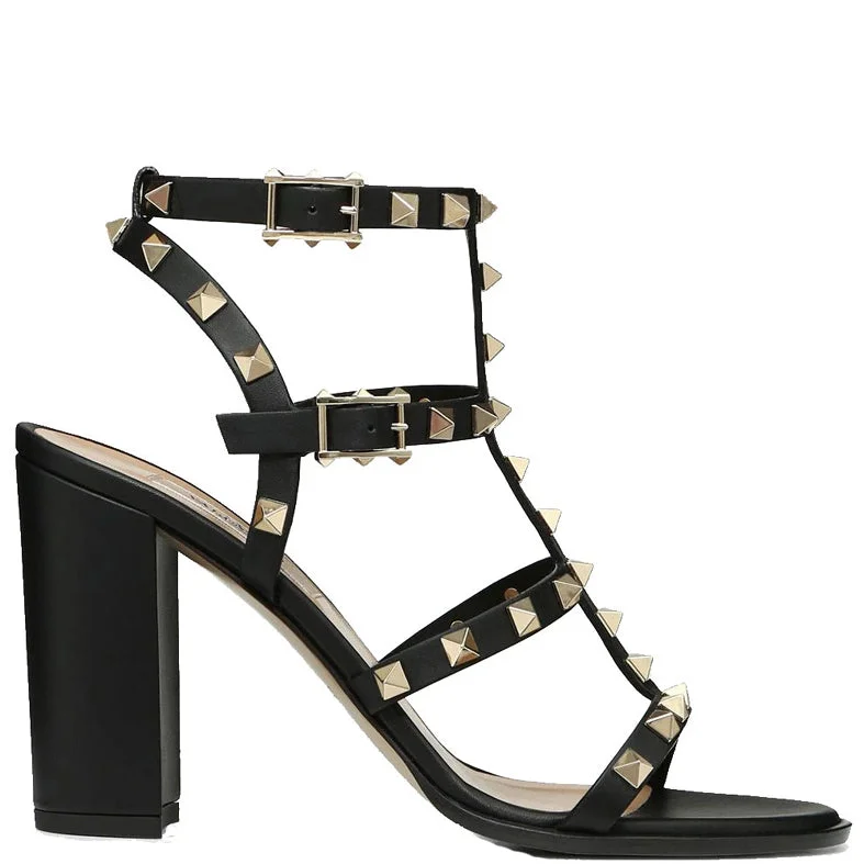 Versatile Dress Heels for Formal and Casual Wear---Rockstud Gladiator Block 90 Nappa, Black