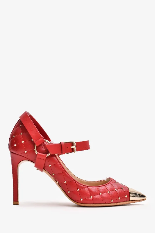 Valentino Red Quilted Leather Cap-Toe Studded Belt Strap Heels Size 36---Comfortable Leather Pumps for Office and Everyday Wear