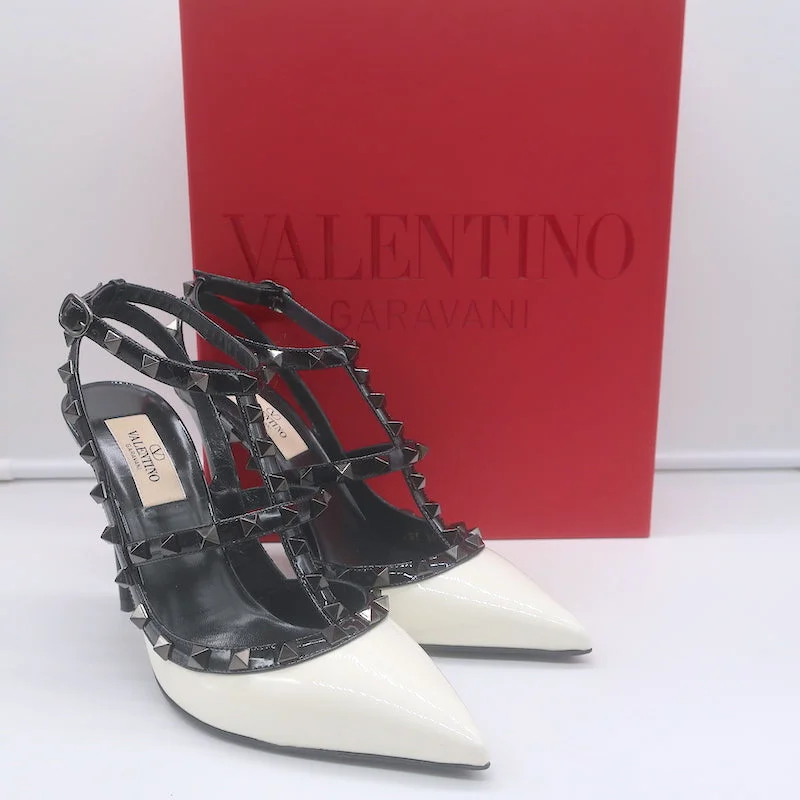 Sleek and Shiny Patent Pump Heels for a Polished Look--Valentino Rockstud Bicolor Cage Pumps White & Black Patent Leather Size 38.5 NEW