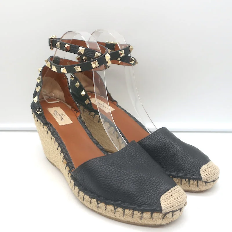 Valentino Rockstud Double Espadrille Wedges Black Grained Leather Size 41---Comfortable Leather Pumps for Office and Everyday Wear