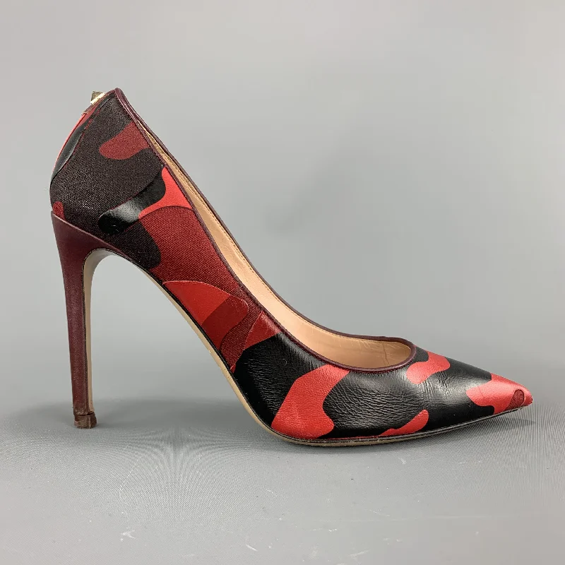 Versatile Heeled Sandals for Any Occasion---VALENTINO Size 7.5 Red Camouflage Pointed Rockstud Pumps