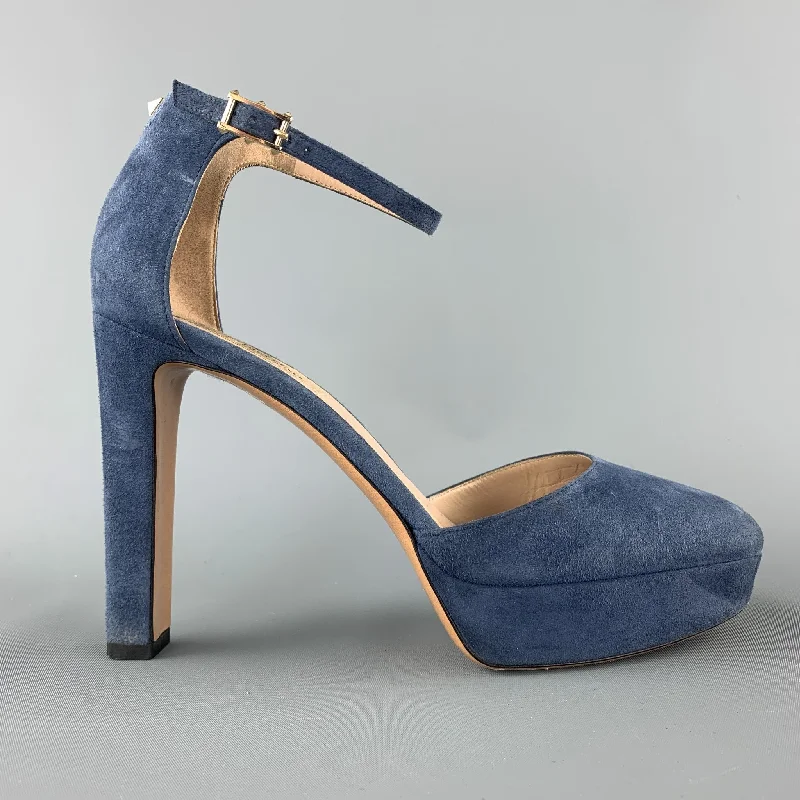 Affordable Suede Ankle Pumps for All-Day Wear--VALENTINO Size 8 Blue Suede PLatform Rockstud Anbkle Strap Pumps