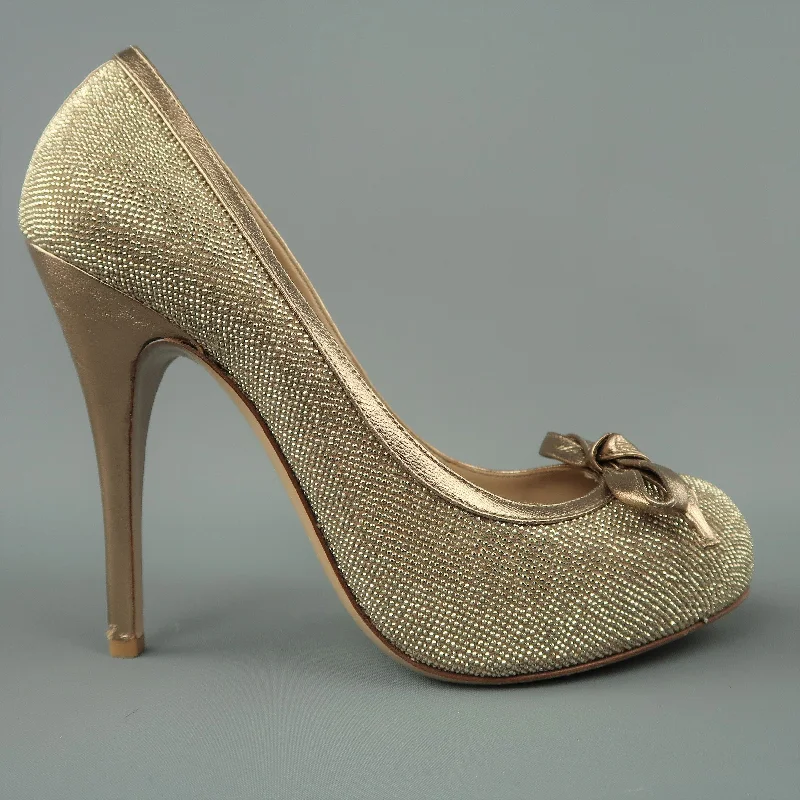 VALENTINO Size 9 Gold Crystal Studded Leather Platform Bow Pumps---Charming Bow Pumps for a Cute and Stylish Look