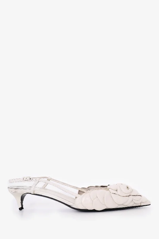 Valentino White Leather 03 Rose Edition Atelier Petal Slingback Pumps Size 40---Comfortable Leather Pumps for Office and Everyday Wear