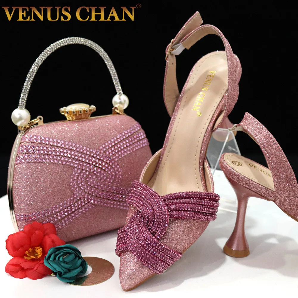 Venus Chan New Italian Design Magenta Diamond Belt With The Same Color Cashew Bag Exquisite Banquet Shoes And Bag Set